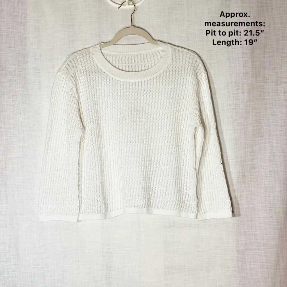 Knit Sweater Womens Large White Crew Neck Textured Long Sleeve Sheer